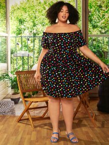 SHEIN CURVE+ Plus Polka Dot Off Shoulder Dress - Multicolor - View 3