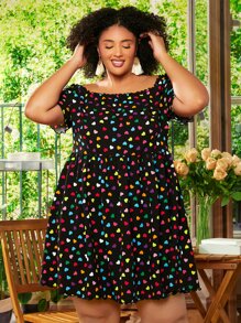SHEIN CURVE+ Plus Polka Dot Off Shoulder Dress - Multicolor - View 5