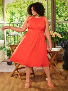 SHEIN CURVE+ Plus Tie Shoulder Solid Dress - Orange - View 3