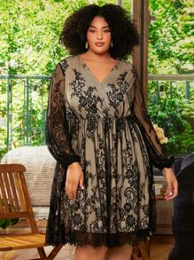 SHEIN CURVE+ Plus Surplice Neck Lace Overlay Dress - Multicolor - View 5