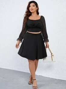 Celure Falda con top de malla en contraste de manga con volante girante delantero - Negro - Ver 4