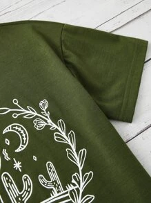 SHEIN 1 Pieza Camiseta De Impresión De Cactus Para Niña Adolescente - Verde Oscuro - Ver 3