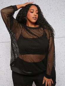 SHEIN CURVE+ Áo nỉ Plus Size cắt màu trơn Giải trí - màu đen - Xem 1