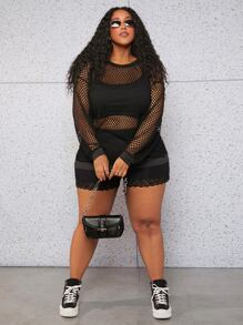 SHEIN CURVE+ Áo nỉ Plus Size cắt màu trơn Giải trí - màu đen - Xem 6
