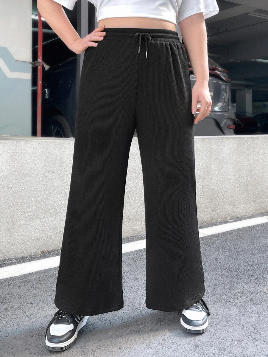 SHEIN EZwear Plus Drawstring Waist Wide Leg Trousers - Black - View 1