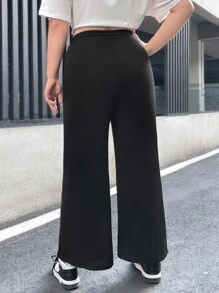 SHEIN EZwear Plus Drawstring Waist Wide Leg Trousers - Black - View 2