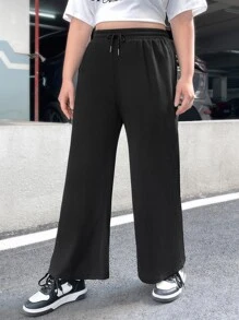 SHEIN EZwear Plus Drawstring Waist Wide Leg Trousers - Black - View 3