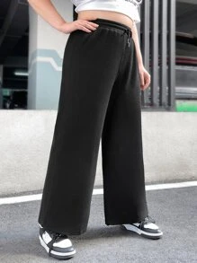 SHEIN EZwear Plus Drawstring Waist Wide Leg Trousers - Black - View 4