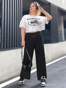 SHEIN EZwear Plus Drawstring Waist Wide Leg Trousers - Black - View 5