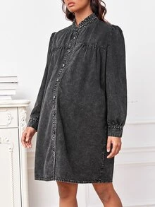 SHEIN 孕婦前紐扣牛仔裙 - 黑色 - 查看 3