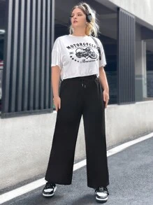 SHEIN EZwear Plus Drawstring Waist Wide Leg Trousers - Black - View 6