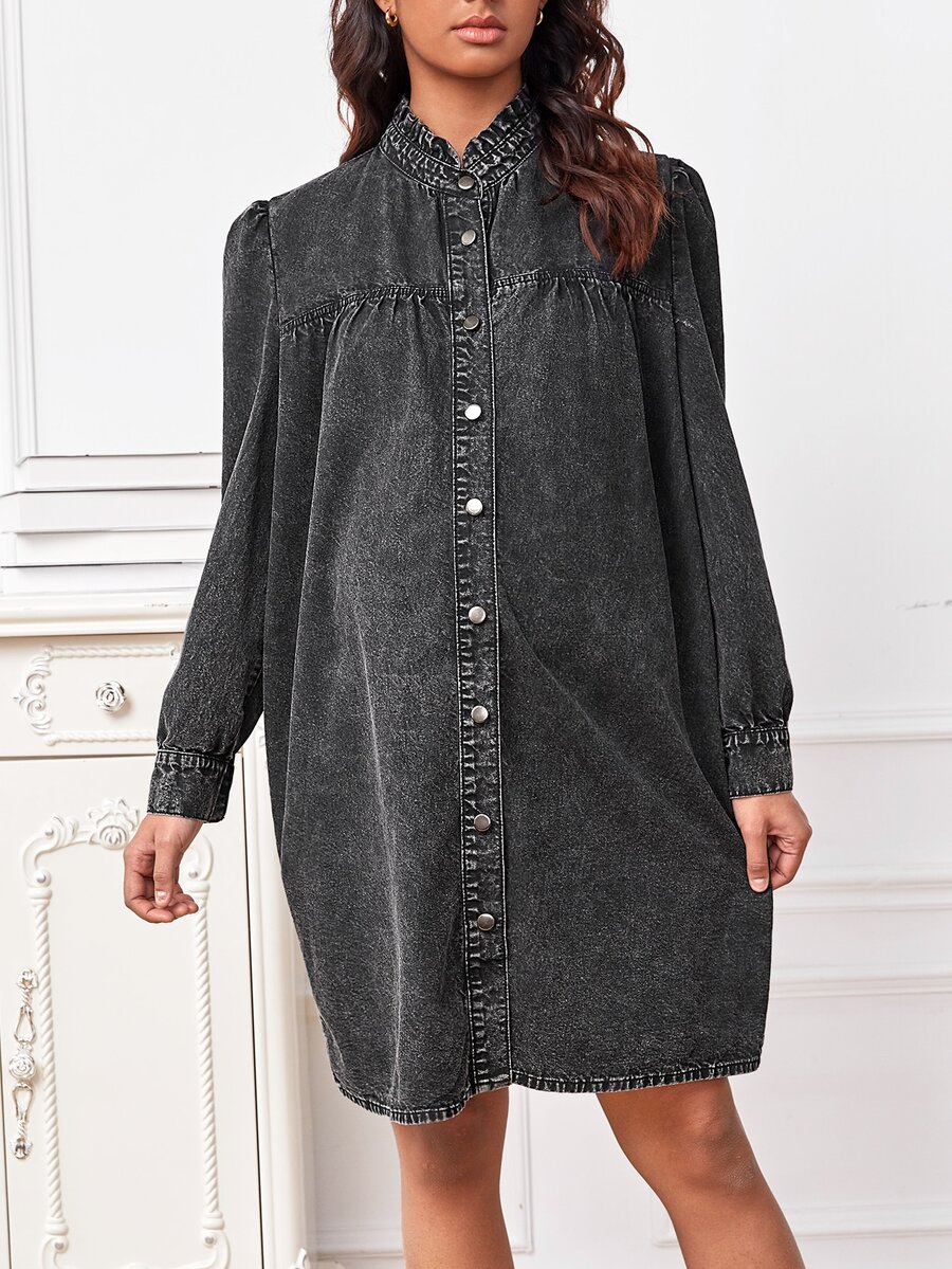 SHEIN 孕婦前紐扣牛仔裙 - 黑色 - 查看 1