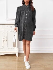 SHEIN 孕婦前紐扣牛仔裙 - 黑色 - 查看 4