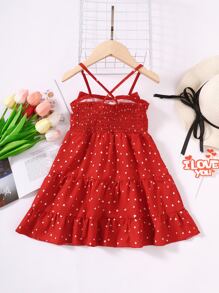 Toddler Girls Confetti Heart Print Bow Front Ruffle Hem Cami Dress - Red - View 2