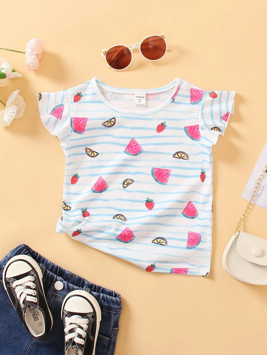 SHEIN 小女童西瓜和條紋印花荷葉邊T恤 - 白色 - 查看 1