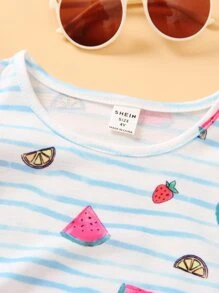 SHEIN 小女童西瓜和條紋印花荷葉邊T恤 - 白色 - 查看 4