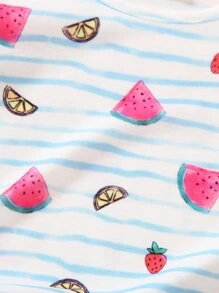 SHEIN 小女童西瓜和條紋印花荷葉邊T恤 - 白色 - 查看 5