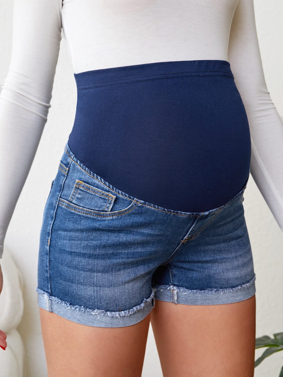 Maternity Wideband Waist Roll Hem Denim Shorts