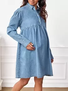SHEIN Maternity Button Front Denim Dress - Light Wash - View 1