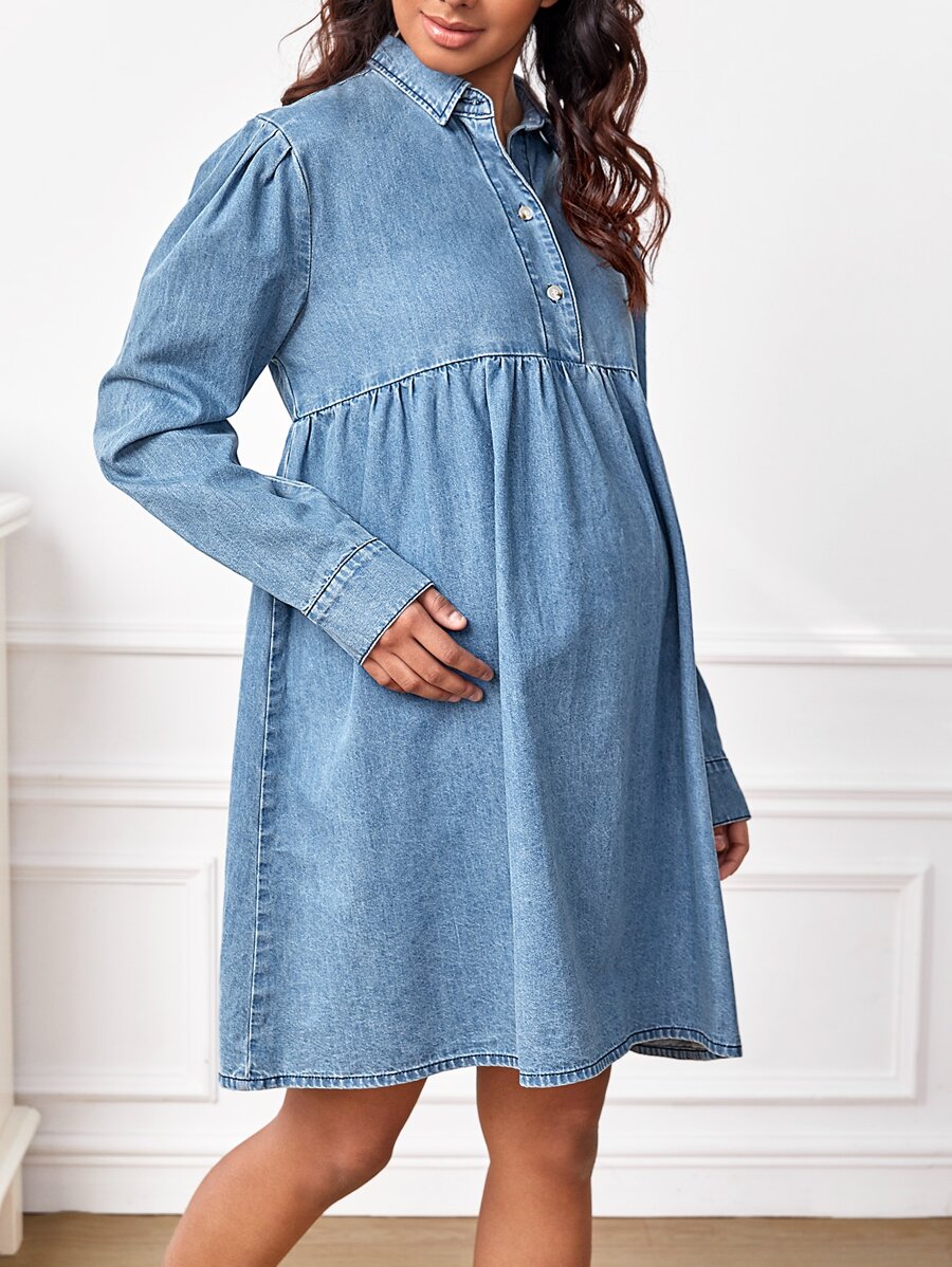 SHEIN Maternity Button Front Denim Dress - Light Wash - View 1
