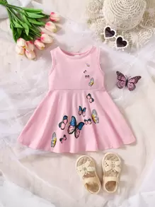 Baby Butterfly Print A Line Dress - Pink - View 1