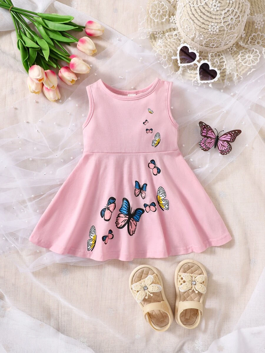 Baby Butterfly Print A Line Dress - Pink - View 1