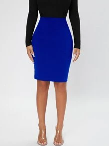 SHEIN PETITE Solid High Waist Bodycon Skirt - Royal Blue - View 5