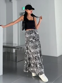 DAZY In Toàn bộ Xù Hoa Sen Chiffon Váy - Đen và trắng - Xem 5