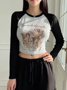 DAZY Camiseta corta de manga raglán con gráfico de letras y números para mujer - Multicolor - Ver 6