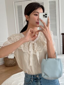 DAZY Contrast Lace Tie Front Puff Sleeve Blouse - White - View 1