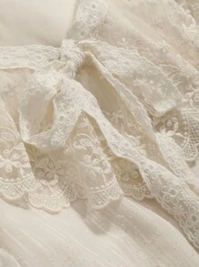 DAZY Contrast Lace Tie Front Puff Sleeve Blouse - White - View 3