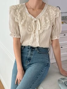DAZY Contrast Lace Tie Front Puff Sleeve Blouse - White - View 5