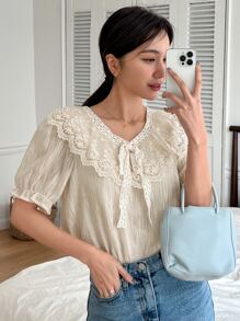 DAZY Contrast Lace Tie Front Puff Sleeve Blouse - White - View 8
