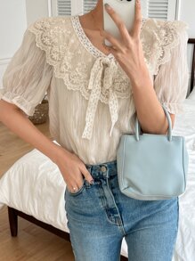 DAZY Contrast Lace Tie Front Puff Sleeve Blouse - White - View 9