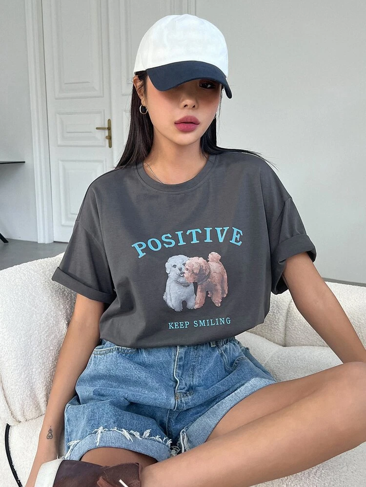Letter & Dog Print Drop Shoulder Tee