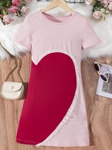 Girls Two Tone Frill Trim Tee Dress - Multicolor - View 1