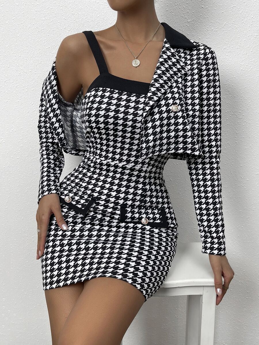 EMERY ROSE Houndstooth Print Lapel Neck Crop Jacket & Bodycon Dress Fall Cloth For Women - Black and White - View 1