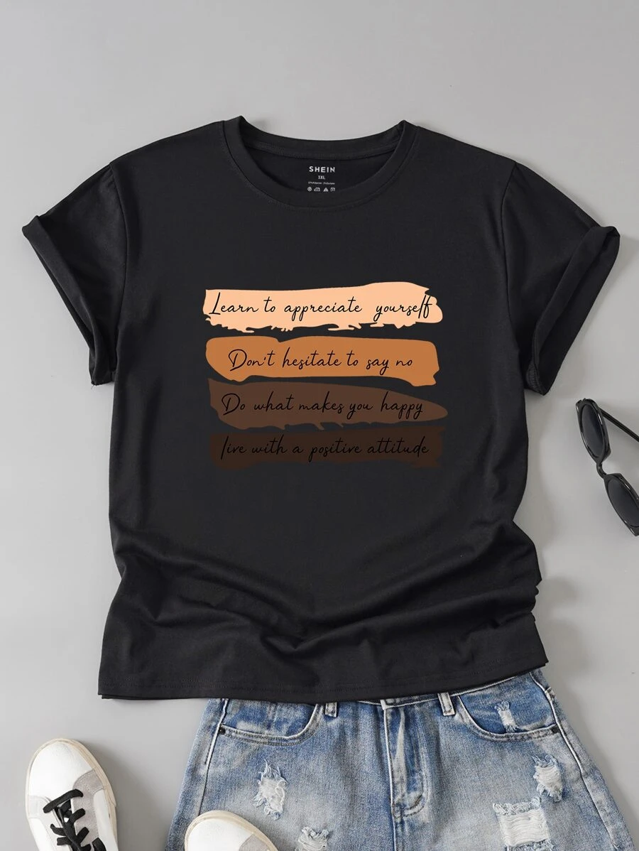 SHEIN LUNE Plus Slogan Graphic Tee - Black - View 1