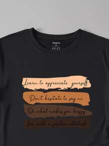 SHEIN LUNE Plus Slogan Graphic Tee - Black - View 3