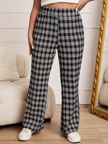 SHEIN Qutie Plus Plaid Print Flare Leg Trousers - Black and White - View 1