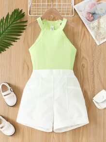 SHEIN Girls Rib-knit Halter Top & Shorts - Multicolor - View 1