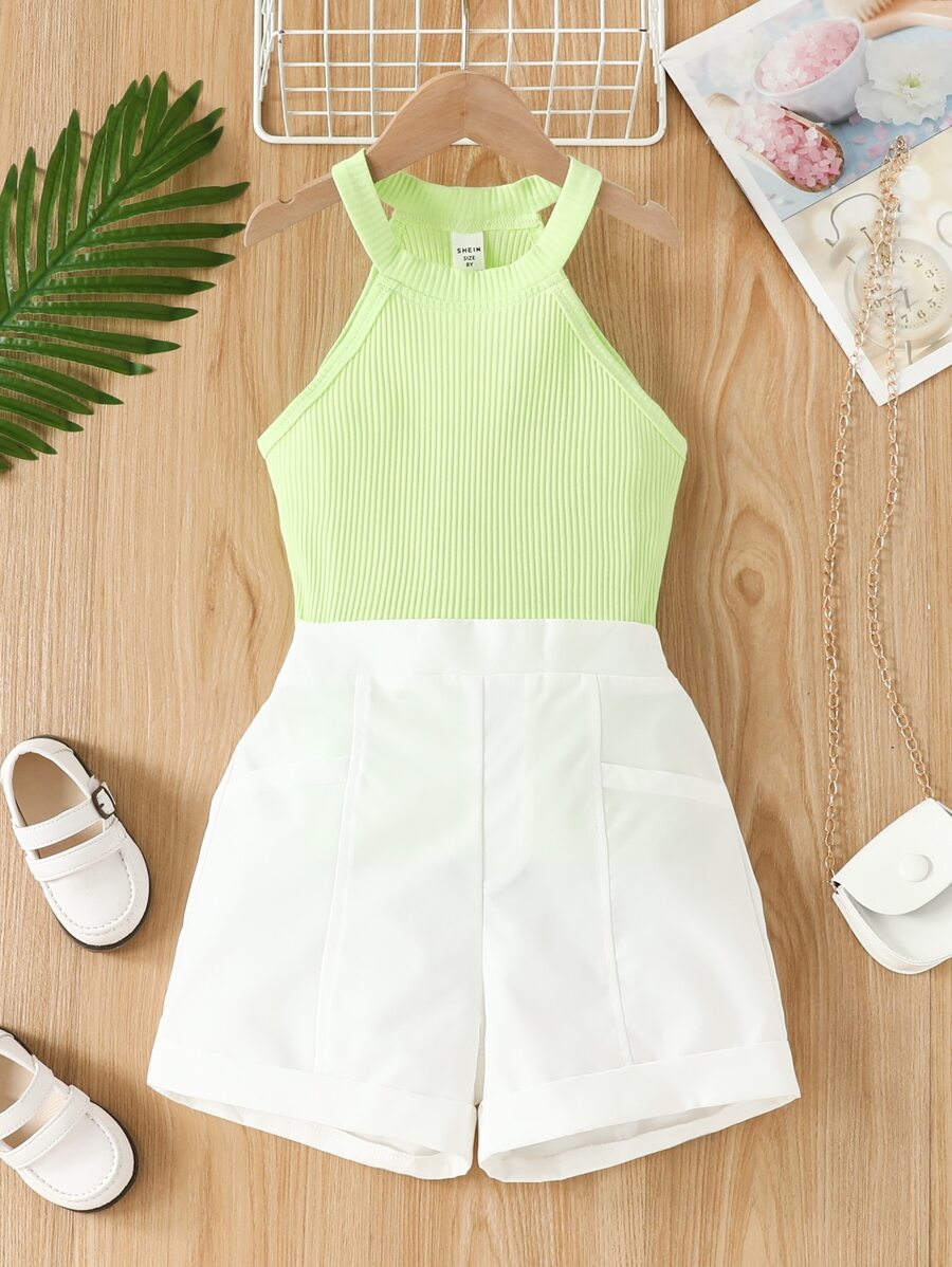 SHEIN Girls Rib-knit Halter Top & Shorts - Multicolor - View 1