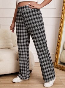 SHEIN Qutie Plus Plaid Print Flare Leg Trousers - Black and White - View 6