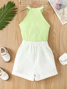 SHEIN Girls Rib-knit Halter Top & Shorts - Multicolor - View 2