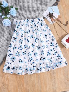 Chicas Falda con estampado floral con lazo delantero bajo con fruncido - Blanco - Ver 2