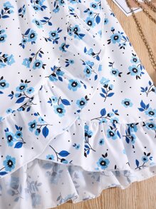 Chicas Falda con estampado floral con lazo delantero bajo con fruncido - Blanco - Ver 4