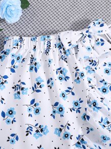 Chicas Falda con estampado floral con lazo delantero bajo con fruncido - Blanco - Ver 5