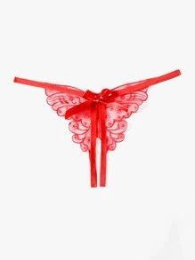 ROMWE Kawaii Butterfly Embroidery Bow Decor Thong Lingerie - Red - View 1