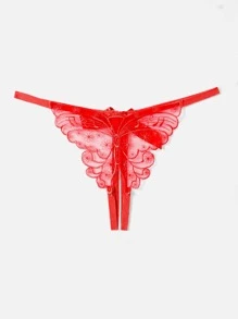 ROMWE Kawaii Butterfly Embroidery Bow Decor Thong Lingerie - Red - View 2