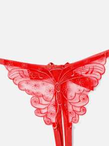 ROMWE Kawaii Butterfly Embroidery Bow Decor Thong Lingerie - Red - View 3
